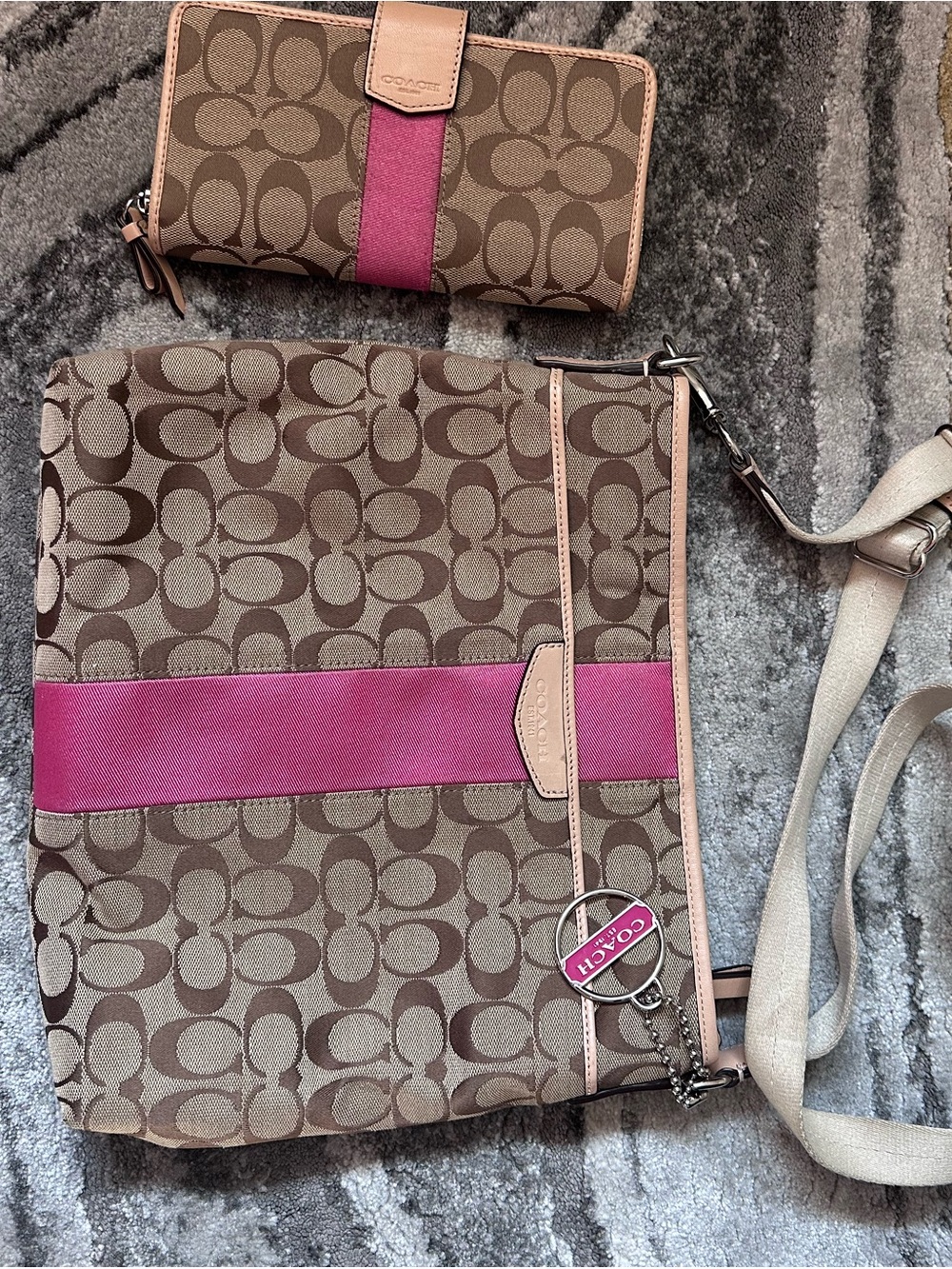 Coach Brown Signature Crossbody with Pink Center Stripe